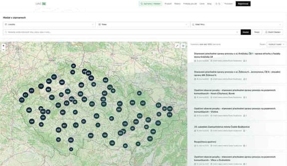 Náhled aplikace LVNI G s mapou sledovaných lokalit